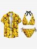 Cute Duck Print Plunging Halter Backless Tied Hawaii Bikini Set -  
