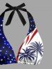 Coconut Tree Patriotic American Flag Curve Glitter Stars Print Hawaii Plunging Halter Backless Bikini Set -  