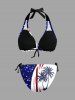Coconut Tree Patriotic American Flag Curve Glitter Stars Print Hawaii Plunging Halter Backless Bikini Set -  