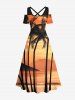 Robe longue hawaïenne grande taille à imprimé paysage marin, cocotiers, ciel ombré, épaules dénudées et croisées - orange clair M