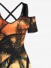 Plus Size Coconut Tree Seascape Ombre Sky Print Cold Shoulder Crisscross Hawaii Maxi Dress -  