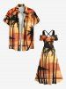 Plus Size Coconut Tree Seascape Ombre Sky Print Cold Shoulder Crisscross Hawaii Maxi Dress -  