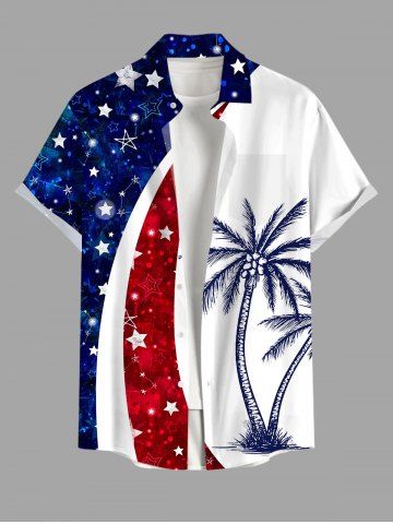 Plus Size Patriotic American Flag Coconut Tree Print Buttons Pocket Hawaii Shirt For Men - BLUE - M