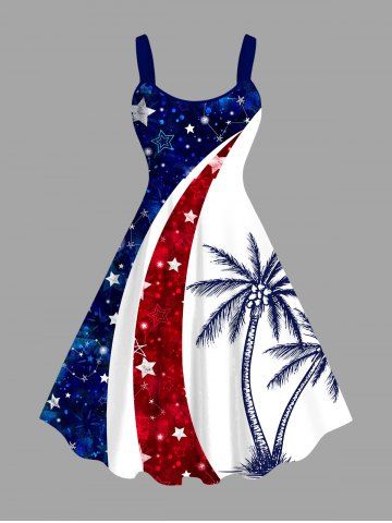 Plus Size Patriotic American Flag Coconut Tree Print Hawaii Tank Dress - BLUE - XXS
