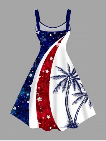 Plus Size Patriotic American Flag Coconut Tree Print Hawaii Tank Dress