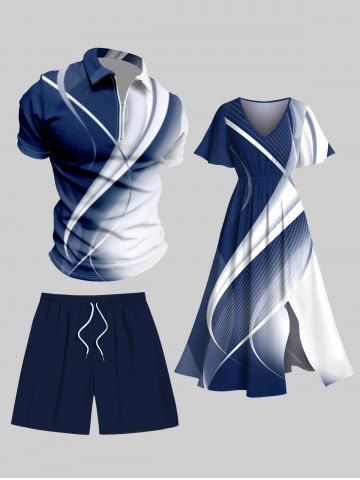 Plus Size Curve Ombre Light Beam Print Half Zipper Hawaii Turn-down Collar Polo Shirt For Men