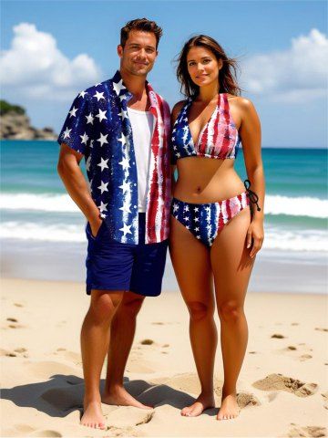 Distressed Patriotic American Flag Print Shirt Swimsuit Matching Hawaii Beach Outfit For Couples - RED