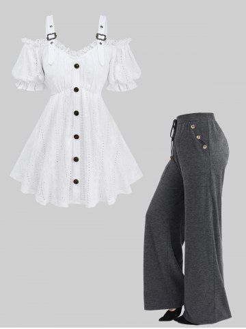 Jacquard Embroidery Pointelle Hollow Out Top and Mock Button Pocket Drawstring Marled Wide Leg Pants Plus Size Outfit - WHITE