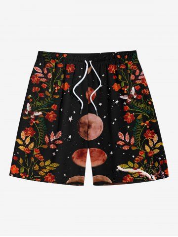 Plus Size Floral Leaves Moon Star Galaxy Print Hawaii Drawstring Beach Shorts For Men - BLACK - 7XL