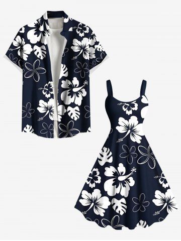 Tropical Leaf Hibiscus Flower Two Tone Print Plus Size Matching Hawaii Beach Outfit For Couples - DEEP BLUE