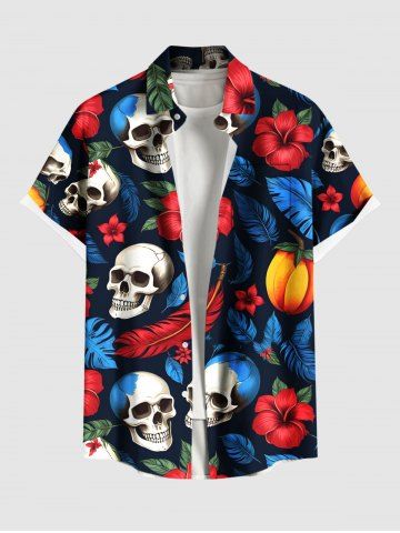 Plus Size Tropical Leaves Hibiscus Floral Skull Print Hawaii Button Pocket Shirt For Men - BLACK - XL
