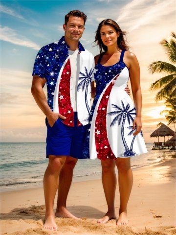 Patriotic American Flag Coconut Tree Print Plus Size Matching Hawaii Beach Outfit For Couples