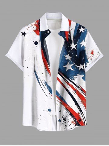 Plus Size Painting Splatter Patriotic American Flag Curve Print Button Pocket Shirt For Men - WHITE - S