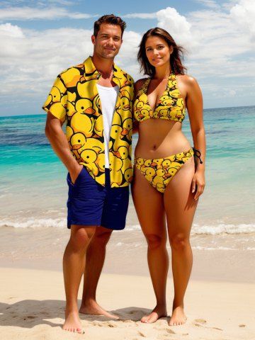 Cute Duck Print Shirt Swimsuit Matching Hawaii Beach Outfit For Couples - YELLOW