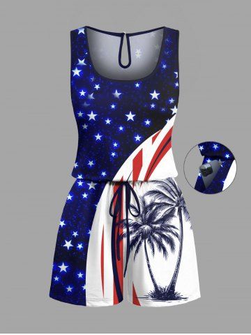 Plus Size Coconut Tree Curve Patriotic American Flag Print Hawaii Drawstring Pocket Romper - BLUE - S