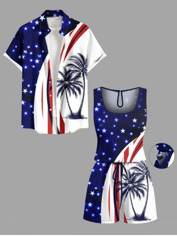 Matching Hawaii Shirt and Romper Plus Size Beach Outfit Coconut Tree Curve Patriotic American Flag Print For Couples