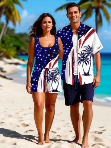 Matching Hawaii Shirt and Romper Plus Size Beach Outfit Coconut Tree Curve Patriotic American Flag Print For Couples