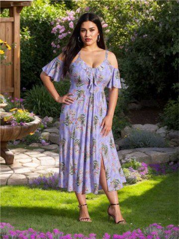 Plus Size Rose Flower Leaf Print Ruffles Cold Shoulder Cottagecore Dress - LIGHT PURPLE - 3X | US 22-24