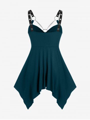 O Ring Chains Gothic Handkerchief Tank Top and Scalloped Tassel Flare Pants Plus Size Outfit