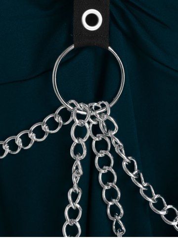 O Ring Chains Gothic Handkerchief Tank Top and Scalloped Tassel Flare Pants Plus Size Outfit