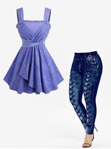 Star Silver Stamping Tulip Hem Tank Top and High Waisted 3D Print Leggings Plus Size Outfit