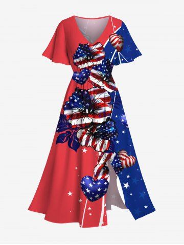 Plus Size Patriotic American Flag Hibiscus Flowers Heart Print Split Hawaii Midi Dress - RED - M
