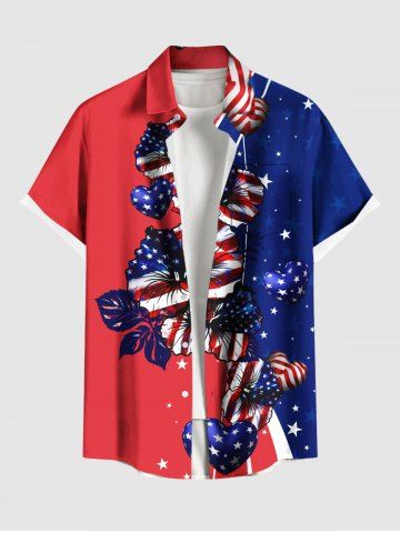 Plus Size Patriotic American Flag Hibiscus Flowers Heart Print Buttons Pocket Hawaii Shirt For Men - RED - 3XL