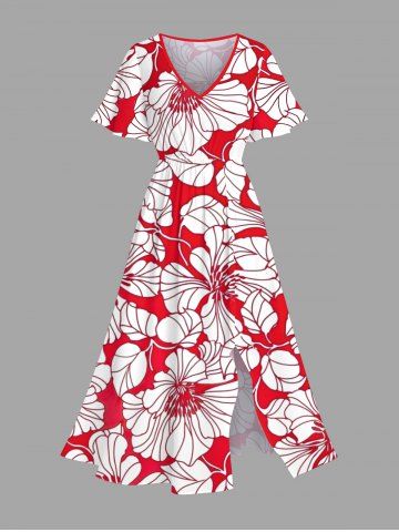 Plus Size Tropical Lraf Hibiscus Flowers Print Split Hawaii Midi Dress - RED - S