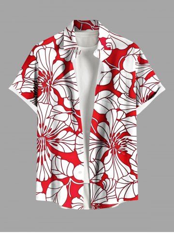 Plus Size Tropical Lraf Hibiscus Flowers Print Buttons Pocket Hawaii Shirt For Men - RED - 6XL