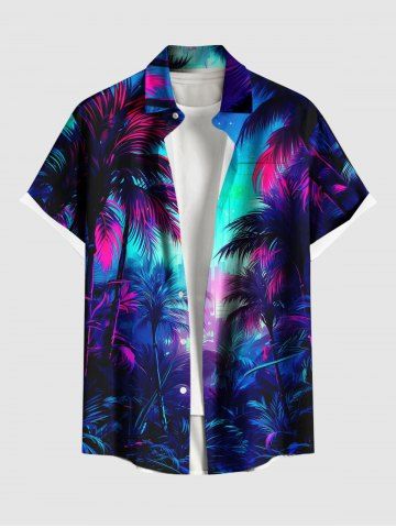 Plus Size Galaxy Coconut Tree Print Buttons Pocket Hawaii Shirt For Men - BLUE - M