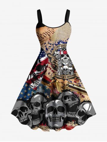 Plus Size Patriotic American Flag Skulls Newspaper Print Tank Dress - COFFEE - 6X