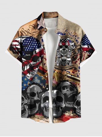 Plus Size Patriotic American Flag Skulls Newspaper Print Buttons Pocket Shirt For Men - YELLOW - XL