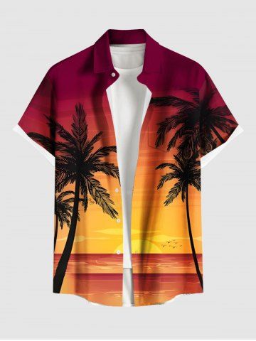 Plus Size Coconut Tree Sea Ombre Dusk Sunset Print Hawaii Button Pocket Shirt For Men - ORANGE - M