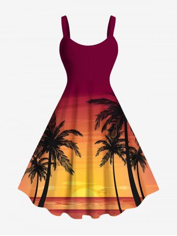 Plus Size Coconut Tree Sea Ombre Dusk Sunset Print Hawaii A Line Tank Dress - ORANGE - 1X
