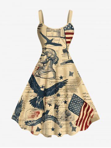 Plus Size Patriotic American Flag Eagle Sculpture Distressed Newspaper Print A Line Tank Dress - LIGHT COFFEE - 4X
