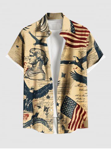 Plus Size Patriotic American Flag Eagle Sculpture Distressed Newspaper Print Button Pocket Shirt For Men - BLACK - 5XL