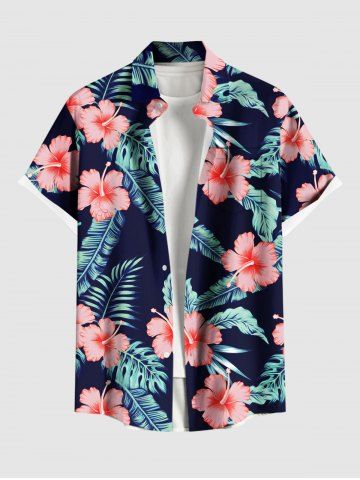 Plus Size Tropical Leaf Hibiscus Flower Print Hawaii Button Pocket Shirt For Men - BLACK - 4XL