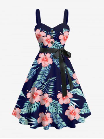 Plus Size Tropical Leaf Hibiscus Flower Print Hawaii Button A Line Tank Dress with Removable Belt - BLACK - S