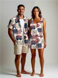 Matching Hawaii Shirt and Romper Plus Size Beach Outfit Patriotic American Flag Heart Letters Print For Couples -  