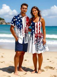 Patriotic American Flag Octopus Paint Drops Print Plus Size Matching Hawaii Beach Outfit For Couples -  