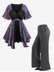 Tie Dye Ombre Jacquard Surplice Top and Mock Button Pocket Drawstring Marled Wide Leg Pants Plus Size Outfit -  