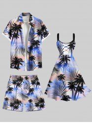 Tenue de plage hawaïenne assortie grande taille avec imprimé feuilles tropicales et ciel ombré, motif cocotier, pour couples - Bleu clair 