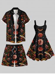 Branch Leaf Moon Star Galaxy Print Plus Size Matching Hawaii Beach Outfit For Couples -  