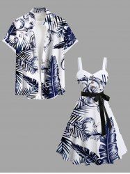 Tenue de plage hawaïenne assortie grande taille à imprimé feuilles tropicales et fleurs pour couples - Blanc 