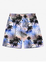 Plus Size Coconut Tree Tropical Leaves Ombre Sky Print Hawaii Drawstring Beach Shorts For Men -  
