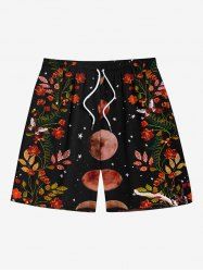 Plus Size Flower Leaf Moon Star Galaxy Print Hawaii Drawstring Beach Shorts For Men -  