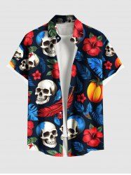 Plus Size Tropical Leaf Hibiscus Flower Skull Print Hawaii Button Pocket Shirt For Men -  