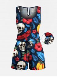 Plus Size Tropical Leaves Hibiscus Floral Skull Print Hawaii Drawstring Pocket Romper -  