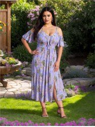 Plus Size Rose Flower Leaf Print Ruffles Cold Shoulder Cottagecore Dress -  