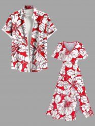 Tropical Lraf Hibiscus Flowers Print Plus Size Matching Hawaii Beach Outfit For Couples - Rouge 